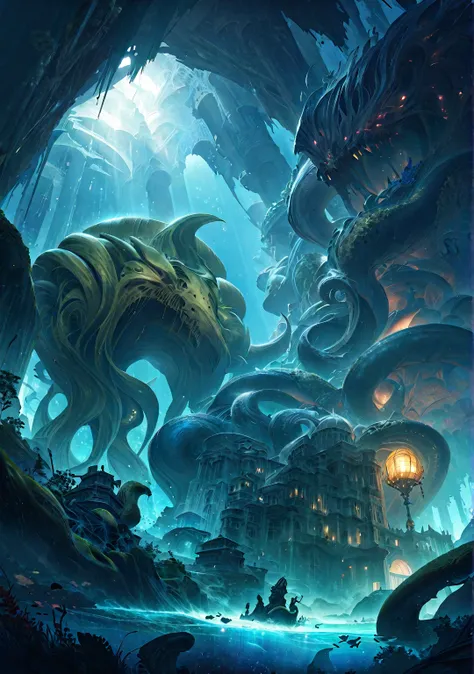 Cthulhu,Mythical creatures,Tentacles,deep sea,dark,Mystery,Ancient,rest,Mystery符号,Mystery光芒,underwater palace 