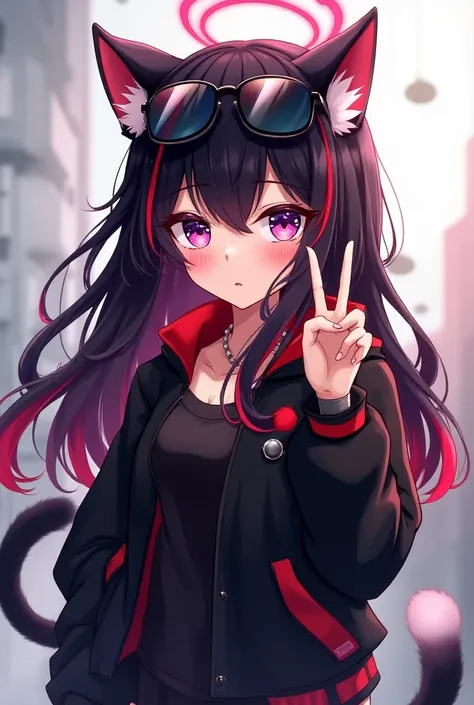  Anime girl with black hair and red hair tips , with sunglasses on her head ,Cat ears,with a black cap jacket and red lines,Cat ears, posing with one hand the symbol of peace and the other hand on his waist, one blue eye and the other purple ,with an angel...