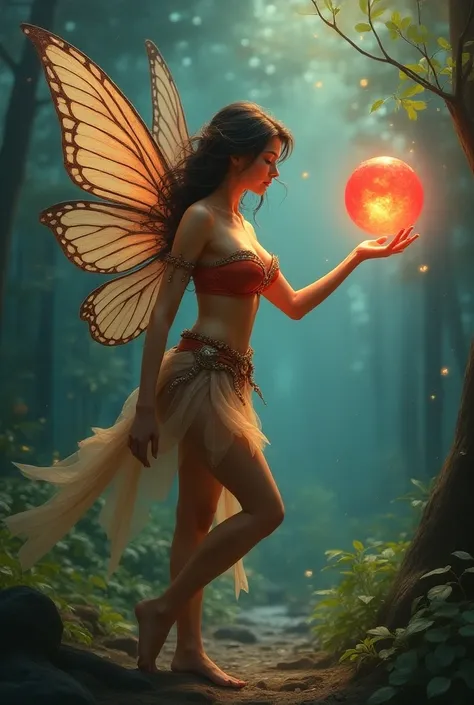 The tenacious, stubborn busty  gorgeous female ligt orb hunter, donning a fantasy fairy costume with mesmerizing big and wide transparent fairy wings, with focus and tetermination catching fiery duotone blue-red orb with all of her strength, vibrant enchan...