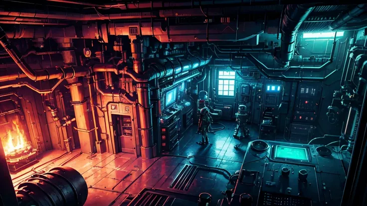 A birds-eye view of a spaceship engine room, designed in pixel art style, with a character performing cable repairs. The engine room is filled with complex machinery, pipes, and wiring, giving a cluttered and industrial sci-fi atmosphere. The character is ...