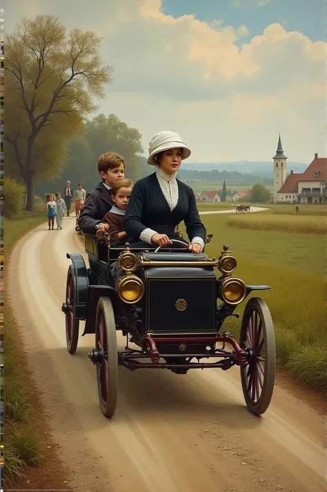 ((best quality)), ((masterpiece)), (detailed), perfect faceBertha Benz’s Historic Road Trip: "An image of Bertha Benz driving the Benz Patent Motorwagen through rural roads during her historic long-distance road trip. The car is moving along a dirt path su...