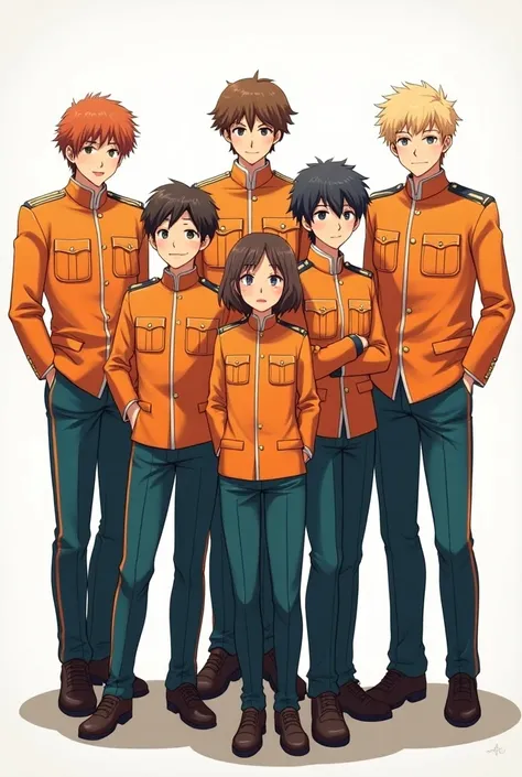 4 boys and 1 girl adults anime fully body photo in same body height , milliatree uniforms broght color , normal hair style 