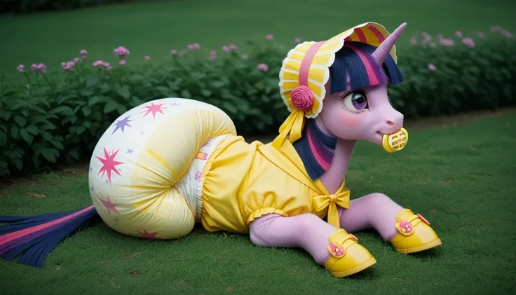 purple pony unicorn alone, purple wool , Twilight Sparkle, adult mare, dark blue with a purple strand and a pink strand of mane, gathered in a yellow bonnet, dark blue with purple streak and pink streak tail,  purple eyes , sitting outside on the grass, dr...