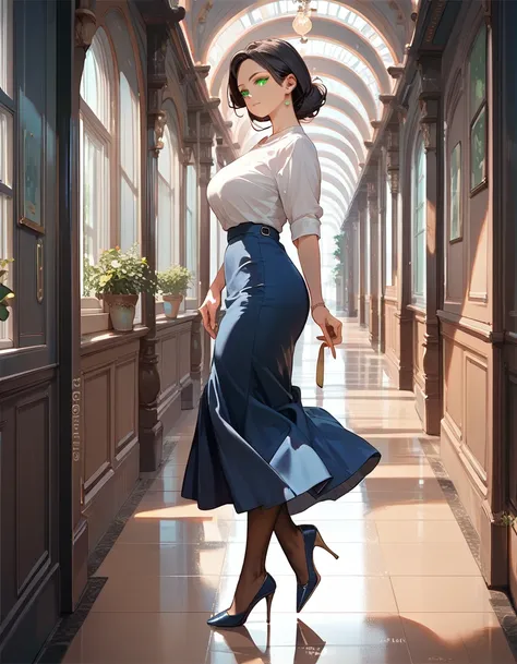 (score_9,score_8_up,score_7_up),1woman,solo,source_anime,mature,big sister,middle age,black hair,green eyes, white shirt, pantyhose, (blue skirt:1.2), maxi skirt, stiletto heels, view from side, walking in a hallway, looking at viewer, looking to the side