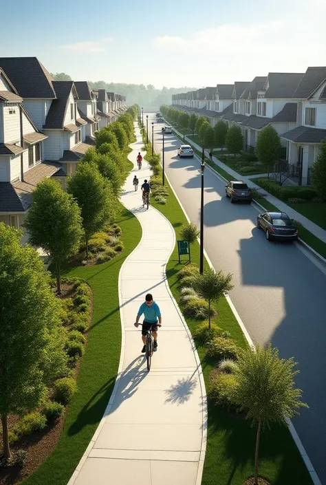  bike path in an urbanization with single-family homes, with modern paved roads and cars in transit 
