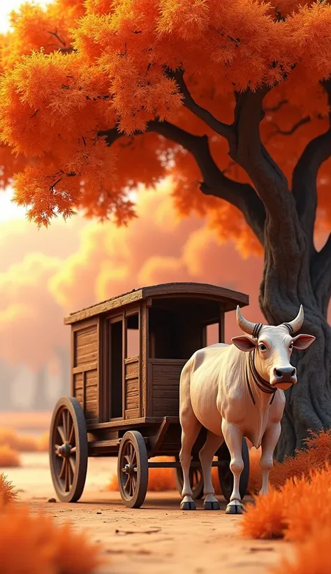 A extremely masterpiece 8k 3d animation image of a very beautiful old ox gaddi without ox under a very beautiful tree orange colour environment 
