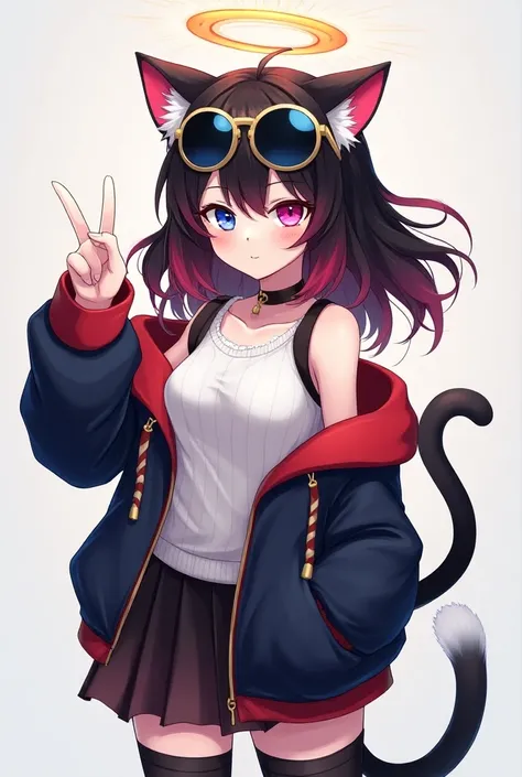  Anime girl with black hair and red hair tips , with sunglasses on her head ,Cat ears,with a black cap jacket and red lines,Cat ears, posing with one hand the symbol of peace and the other hand on his waist,one eye is blue and the other is pink,with an ang...