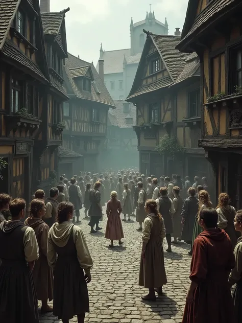 A medieval town square in 1518 Strasbourg, filled with cobblestone streets, wooden houses, and people dressed in 16th-century European clothing, standing around, watching in shock as a group of people uncontrollably dance in the middle of the square. The a...