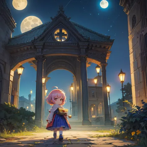 ((masterpiece)), ((best quality)), 8k, high detailed, ultra-detailed, 2D pixel art of a dreamy retro 8-bit game world, side-scrolling view, a small chibi girl with two-head height walking on the ground in the center, showing ground cross-section, a large g...