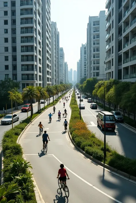 bike path in an urbanization with modern multifamily housing ,  with paved roads and cars in transit in a third world country
