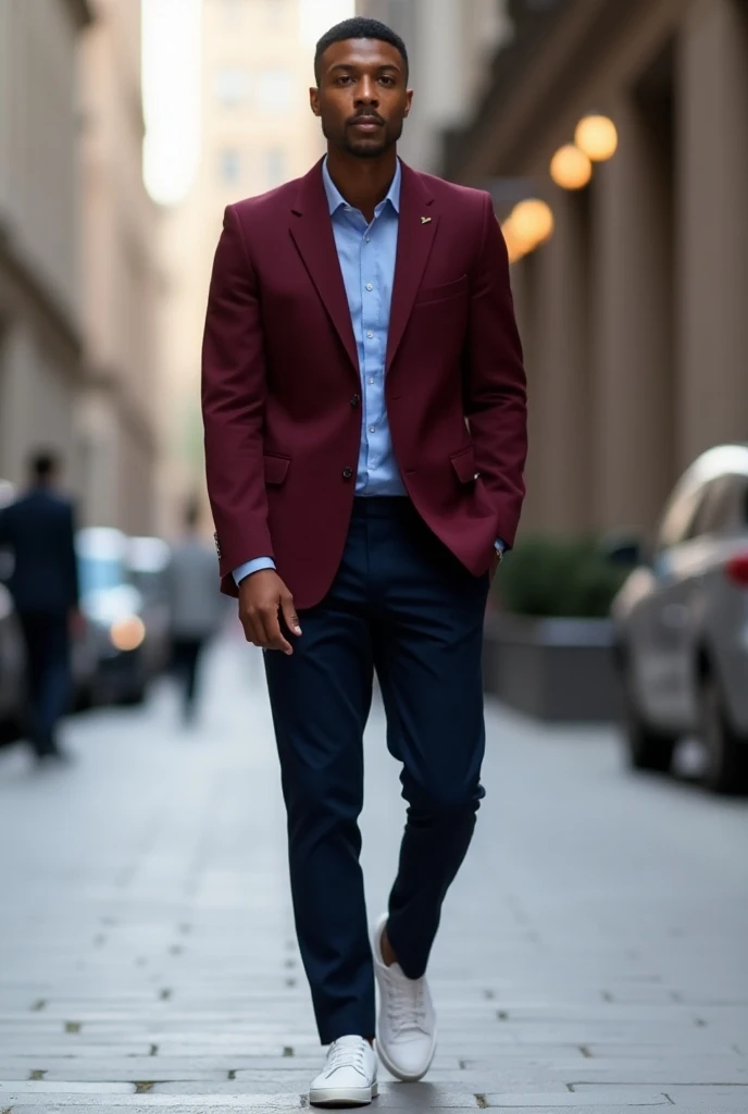 Maroon blazer + White sneakers +midnight dark blue shirt + midnight dark blue trousers medium dark golden skin tone 