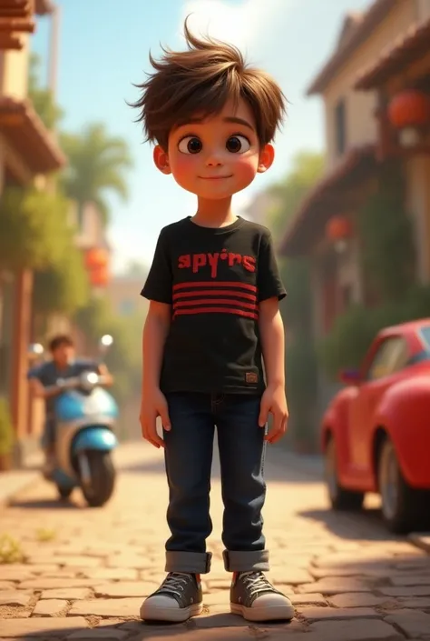 A boy 12-year with brown hair wears a black shirt with dark red stripes, dark blue pants , and gray shoes Disney Pixar