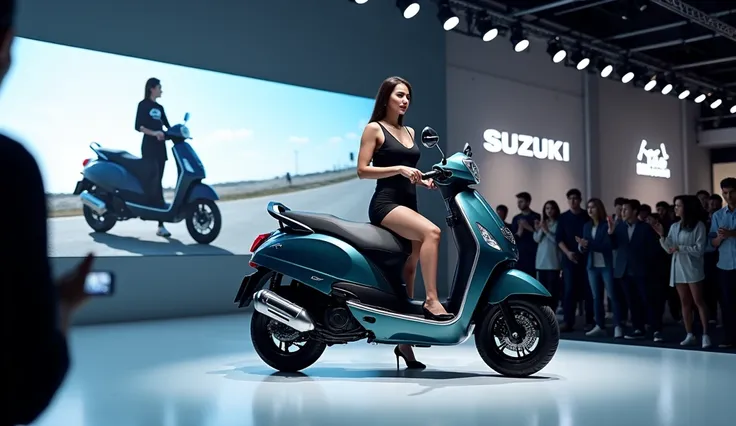 A showroom stage with a futuristic design, featuring a stunning, confident woman posing next to the Suzuki 2025 Access 125. The Scooter has a bold, muscular frame, and its Light black finish shines under bright showroom lights. Surrounding the stage, a cro...