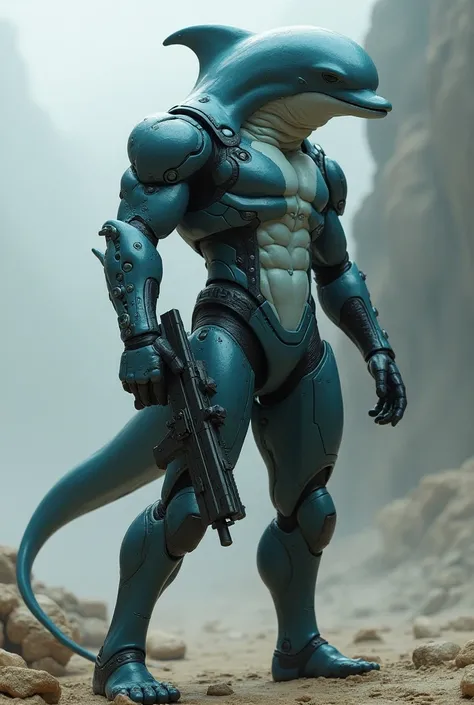 Dolphin with human body and using armor caring gun. Full body 