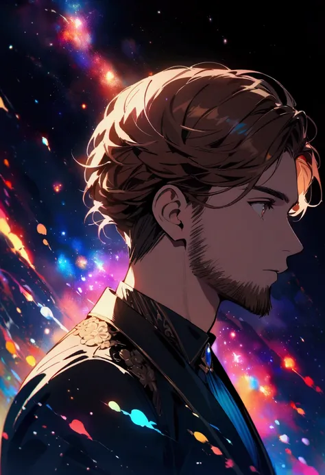 young man with medium brown beard and long brown hair looking at the night sky with bright stars and galaxies of many colors 