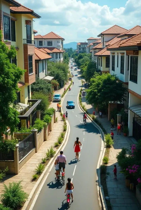 bike path in a residential area with modern family homes,  with paved roads and cars in transit in a third world country
