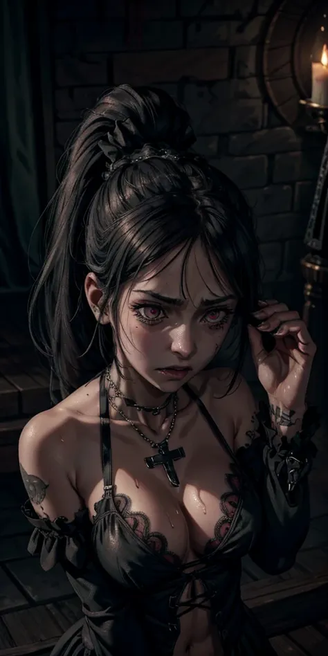 gothic,horror,girl,(((despair))),covering ears with hands, bra lace, bigboobs, ponytail hair, tattoo, necklace cross, wet, from ...