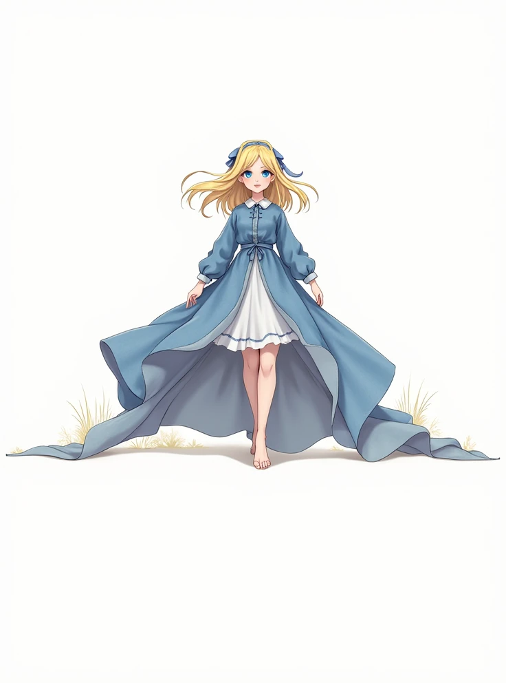 こちらのイラストを元に
Blondeの少女がドレスのようなに大きい
デニムロングスカートを穿いた姿を描いてください
青い目, smile, Long Hair, accessories, Blonde,