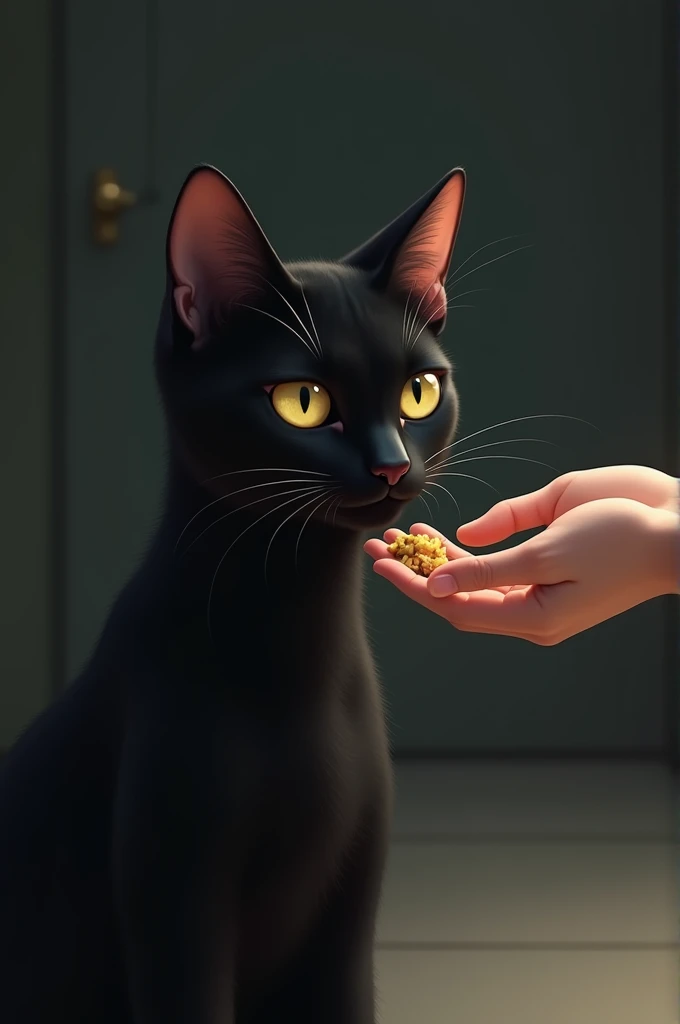 Video cuts black cat to a pair of gentle hands extending food towards Luna