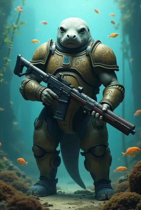 Dugong with human body and using armor caring gun. Full body 