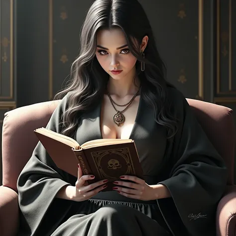 a beautiful lady with a long  dark hair wearing a dark color empress robe holding a book as she reads it, serious fierce face  while reading the book, cigarette,wearing necklace with letters"RIIID" in the pendant, she is sitting like a princess in a single...