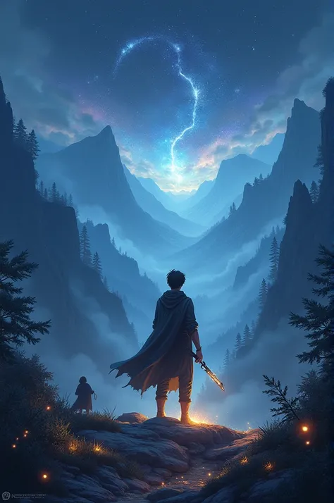 Make me a novel cover size 9 :16..

1. background:

A vast magical landscape with towering mountains in the background, in the middle was a dense forest shrouded in mist, and a dark starry sky with a mystical light.



2. Main Character:

Elias, a young ma...