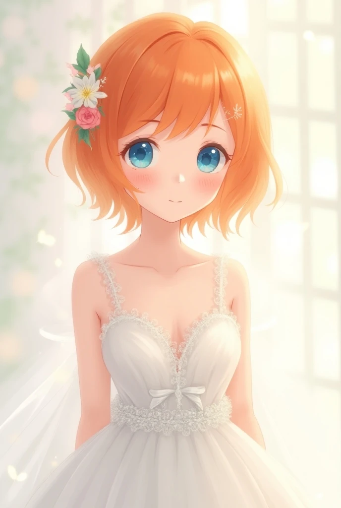 Anime Girl, orange hair, blue eye, Short hair, Wedding dress, Chest size B, age 20 years