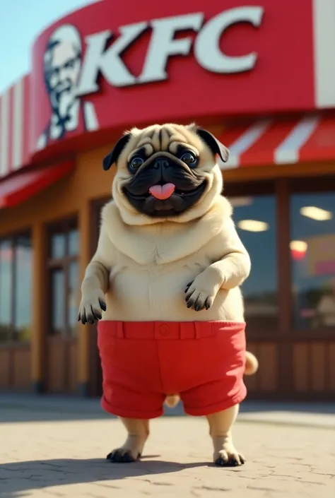 Envision a charming and humorous scene where a pug, dressed in a pair of bright red shorts, is standing upright on its hind legs like a human. The pug is positioned in front of a KFC store, its eyes fixed intently on the restaurants signage and the enticin...