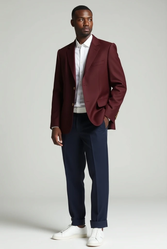 Maroon blazer + White sneakers + white shirt + midnight dark blue trousers medium dark golden skin tone 