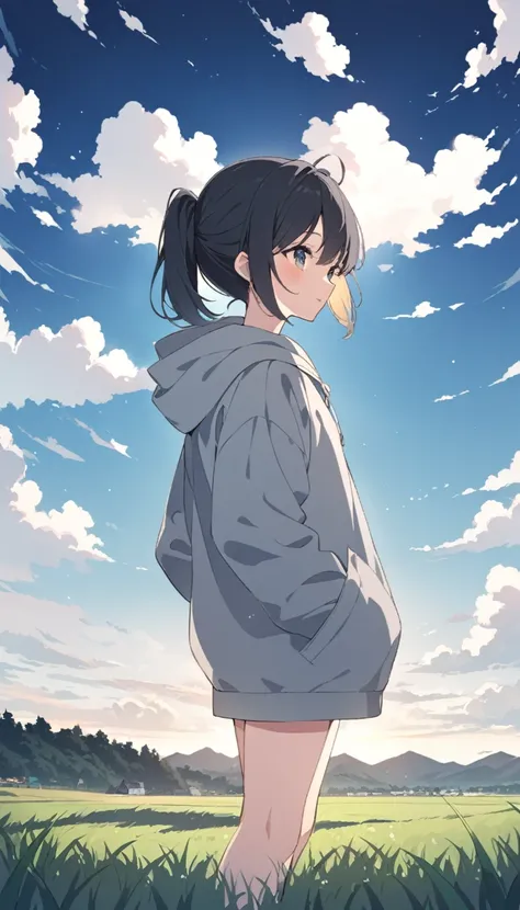 Morning Glow、Asahi、grassland, Maki grassland,  one girl standing very far away、Looks small in the distance 、Grey hoodie、 put your hands in your pocket、Black Hair、  White Clouds , Maki 、Venus、On the Hill、 fantastic、Nostalgia、