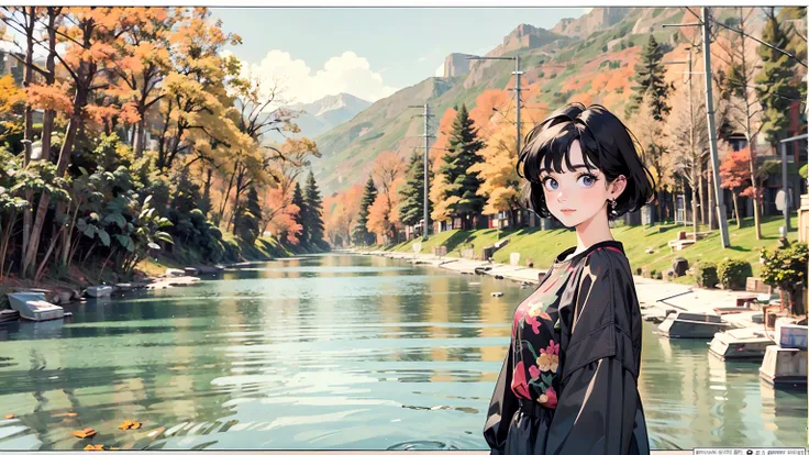 masterpiece, top quality, very detailed, absolute resolution, high resolution, Best quality, 8K, 1990s style, She is standing in the woods or River or sea in the fall season. She is looking straight at the camera with a big smile. The girl has a bright ima...