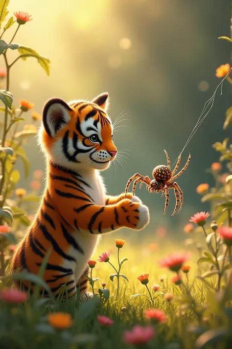 A playful tiger cub and a curious spider weave their way through the vibrant meadow, their contrasting colors creating a stunning visual display.