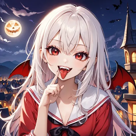 (((Wearing a cute Halloween costume, she has a mischievous smile, places her index finger under her right eye, closes her mouth and sticks out her tongue. A girl with a cute expression is looking straight into the camera against the background of a night c...