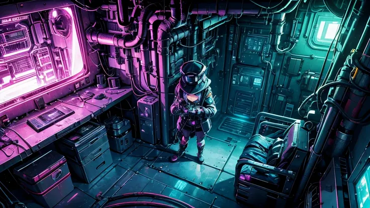 A birds-eye view of a spaceship engine room, designed in pixel art style, with a character performing cable repairs. The engine room is filled with complex machinery, pipes, and wiring, giving a cluttered and industrial sci-fi atmosphere. The character is ...