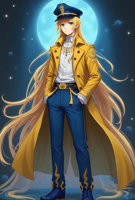 A quiet anime guy with sharp blue eyes represents long yellow hair ,With light skin and wearing all the luxurious blue and yellow fantasy clothes, Idole consists of a closed jacket without sleeves. It looks like a shirt in the color of space. Cole is made ...