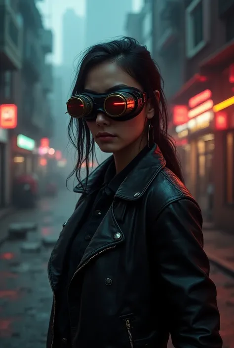 Retro sci-fi、 leather jacket、Wearing goggles、Underworld、Woman wearing a Jules Verne style 、High-definition real photo、16K Quality