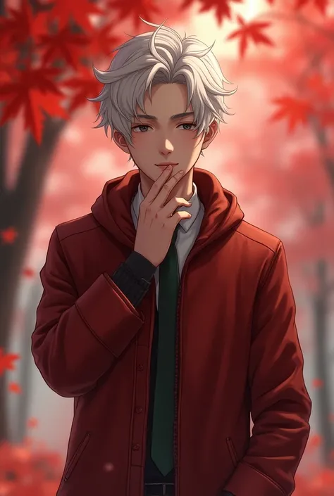 Red maple leaves are falling!! outdoor！Under the cherry blossom tree！Skinny and strong 30-year-old German male , teasing, hugging !White hair！best quality,Realistic),Under the Red mapleRed maple tree！）, One person,Detailed black eyes, The head is smaller！D...