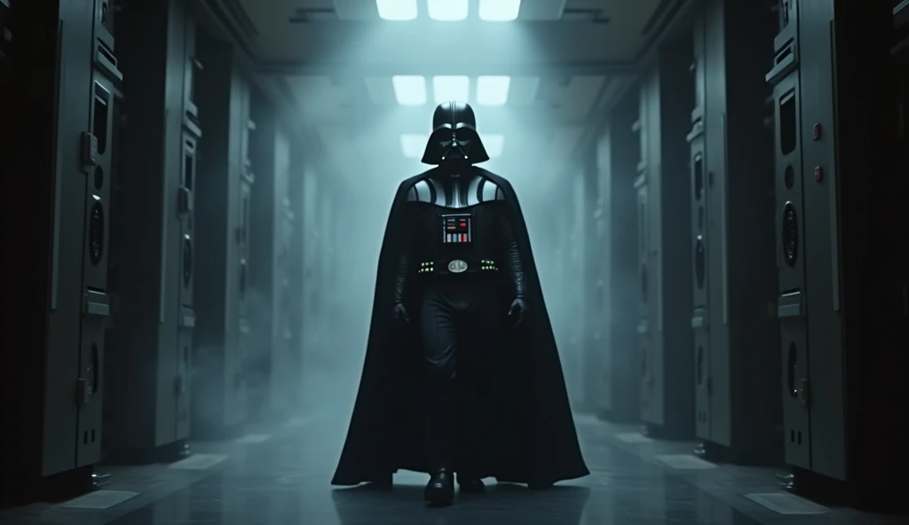 . **Darth Vader - 1950s Villain Entry:**
 "Darth Vader walking down a smoky, dimly lit hallway, dramatic lighting, retro sci-fi look, film grain, Super Panavision 70 wideframe.