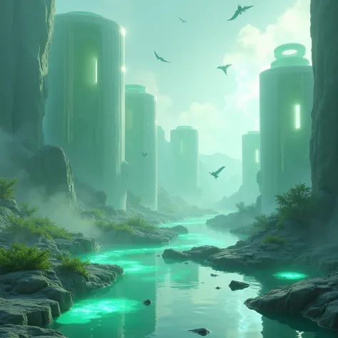 Design an alien world with a translucent, glass-like surface that cracks under pressure, revealing glowing green caverns beneath. Hollow, cylindrical pillars rise from the ground, with smooth, reflective surfaces and holes that produce eerie sounds as the ...