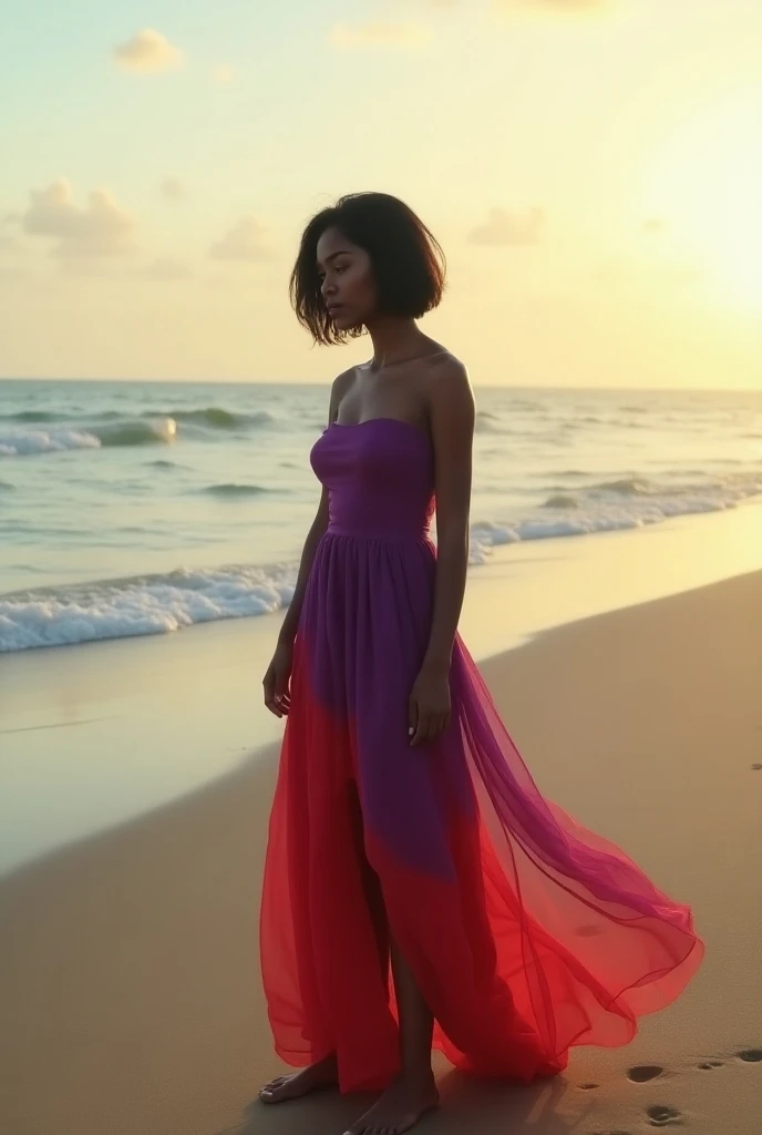 a morena skinny girl  with no face celebrating her 22 birthday at the beach alone, waring a red and purple dress with a short hair
