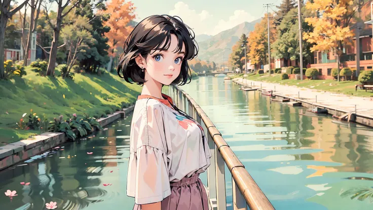 masterpiece, top quality, very detailed, absolute resolution, high resolution, Best quality, 8K, 1990s style, She is standing in the woods or River or sea in the fall season. She is looking straight at the camera with a big smile. The girl has a bright ima...