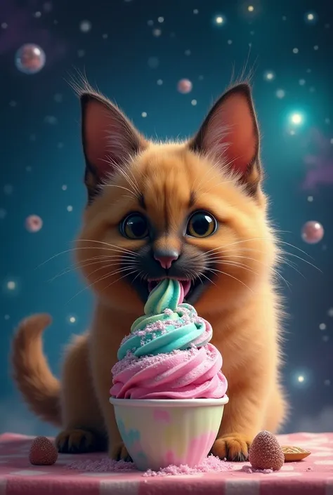 A  german cat eating icecream in the space