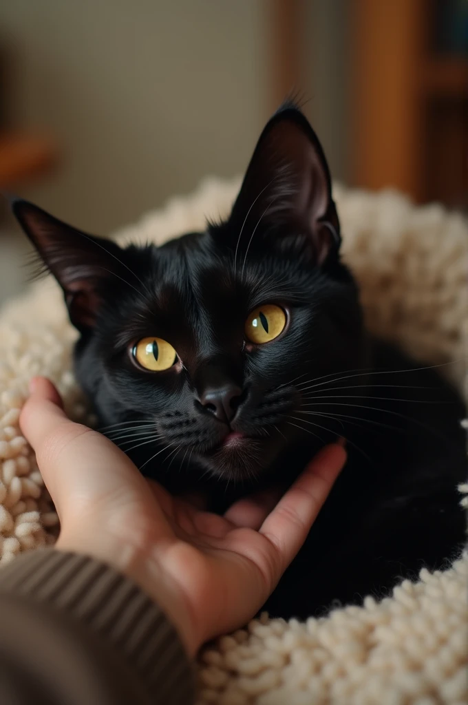 Cut black cat to footage of Luna purring, rubbing her head against a rescuer’s hand]