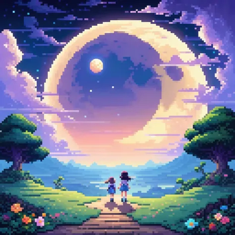 ((masterpiece)), ((best quality)), 8k, high detailed, ultra-detailed, 2D pixel art of a dreamy retro 8-bit flat-world, side-scrolling view, a small chibi girl with two-head height walking on the ground in the center,  a large glowing full moon in the dream...