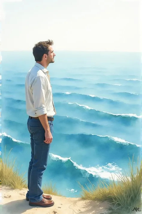 Aquarelle d un homme qui regarde la mer