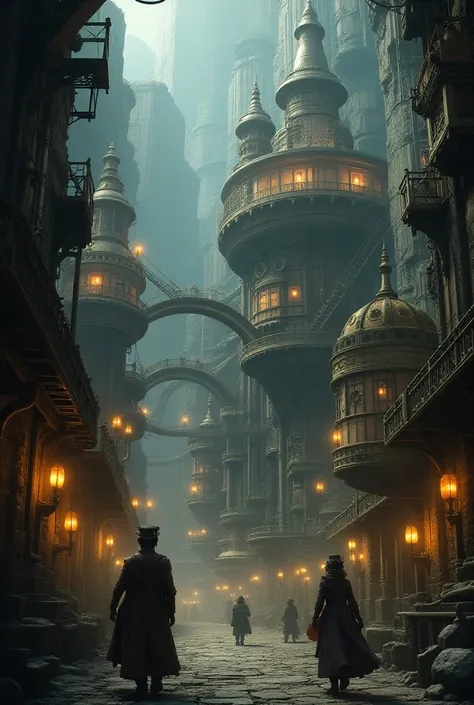 a steampunk city underground, underground city, underground world,