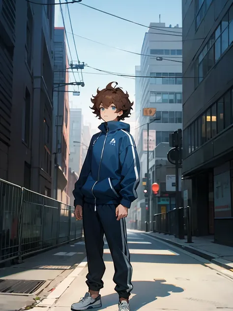 1male , Young Male , Brown Hair , Wild Hair , Messy Hair, Blue Eyes , Standing on sidewalk , Dark Blue Fleece Tracksuit , Perfect Generation , Modern City Background 