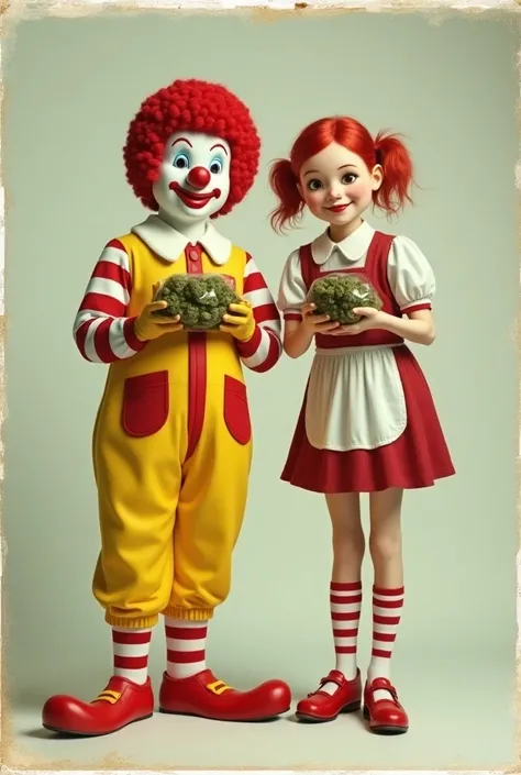 Ronald McDonald y Wendy con bolsas de marihuana shot by Polaroid 80s realista 