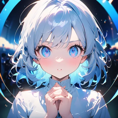 ( anime style:1.4), soft painterly touch 、超 High Resolution ,  Attention to Details, High image quality,  High Resolution , 最High image quality, 4K, 8k, blue luminous clock background 、White Hair Girl、cute, beautiful light effects surrounding the body,donm...