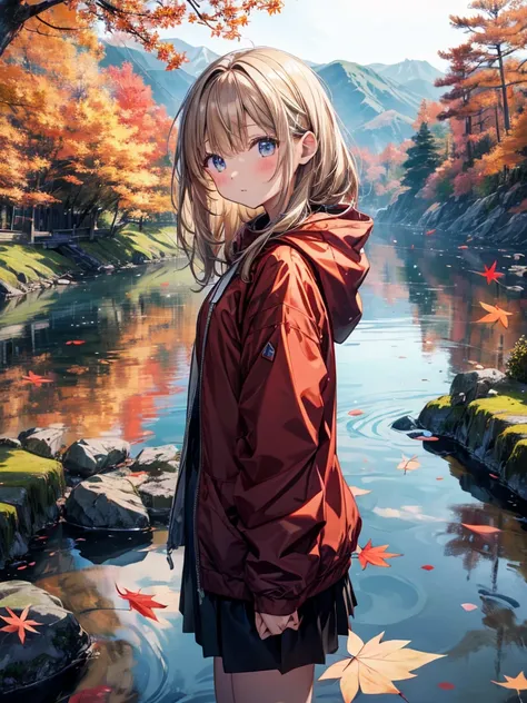 Best Quality、、girl、 hoodie、 in mountainous areas of Japan 、The peak season of autumn 。 The bright red colored leaves cover the mountain surface and 、 You can see rice paddies spreading out in the distance。 the creek flows quietly 、Tree reflected on the wat...